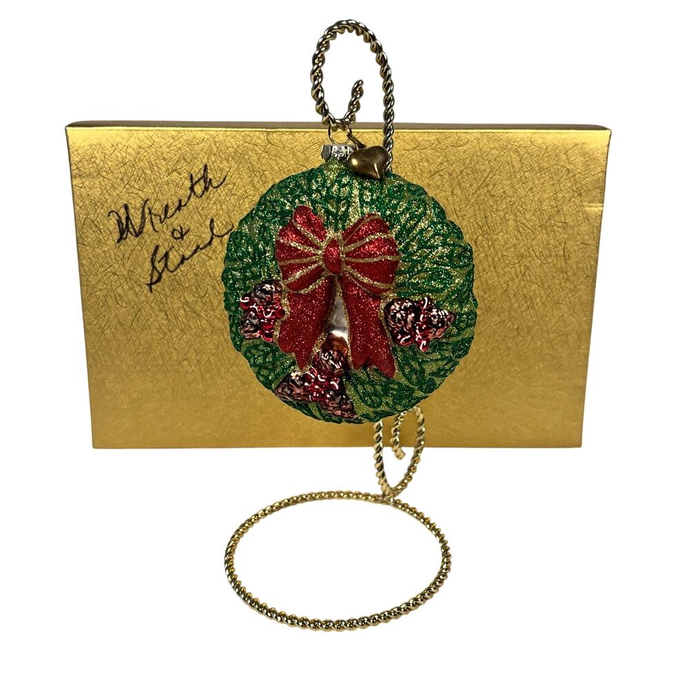 Valerie Parr Hill Hanging Wreath Christmas Glass Ornament w/Gold Metal Stand